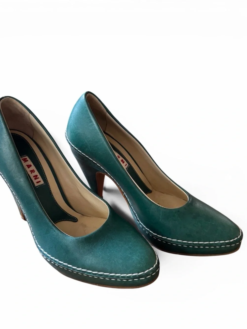 Marni Teal Leather Stitched Platform Pumps - Picture 1 of 5